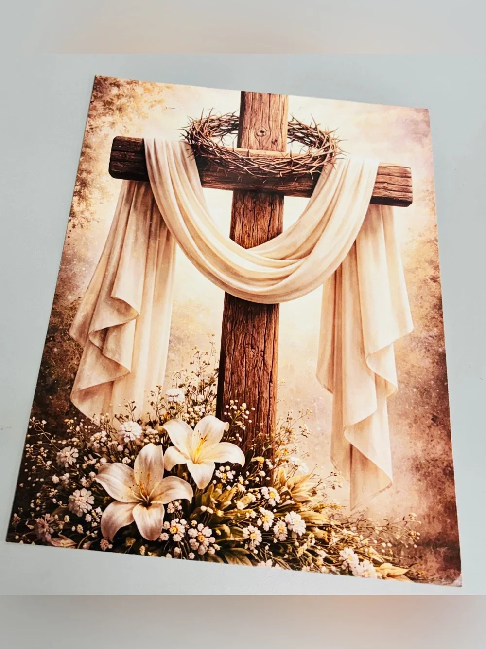 Christian Cross Wall Art Canvas Print in Cream and Brown